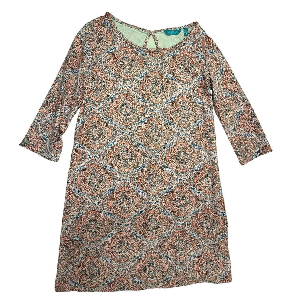 Tori Richard Honolulu Dress Women Small Orange Floral 3/4 Sleeve Knit Keyhole